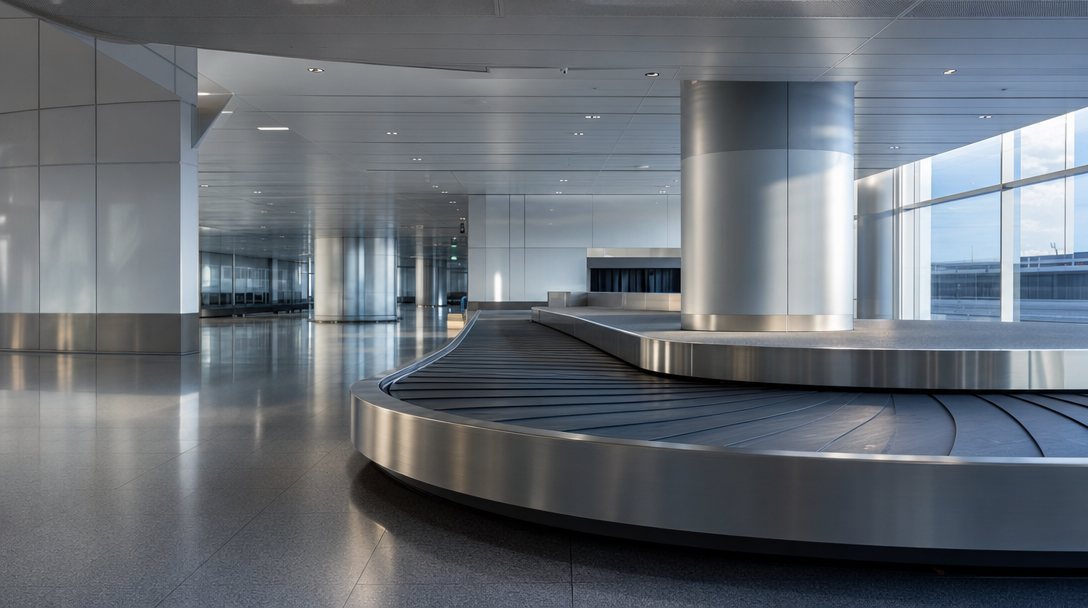Leerer Flughafen-Servicekorridor mit Gepäckfördertechnik-Detail.