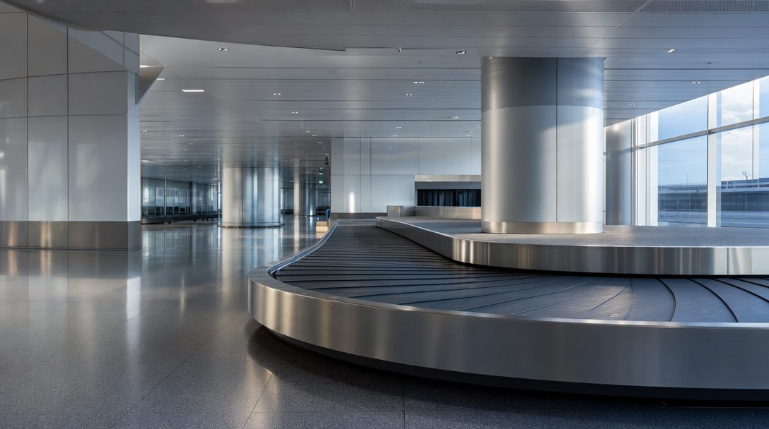 Leerer Flughafen-Servicekorridor mit Gepäckfördertechnik-Detail.
