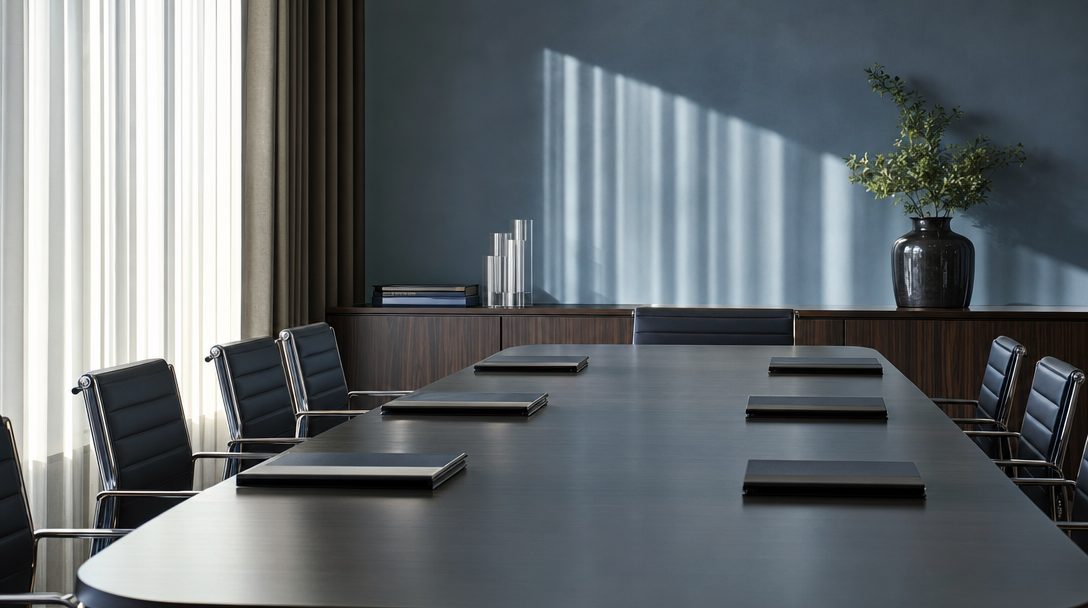 Leerer Konferenzraum mit geschlossenen Ordnern und kühlem Lichtmuster.