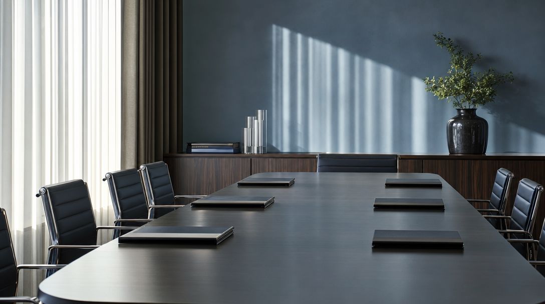 Leerer Konferenzraum mit geschlossenen Ordnern und kühlem Lichtmuster.