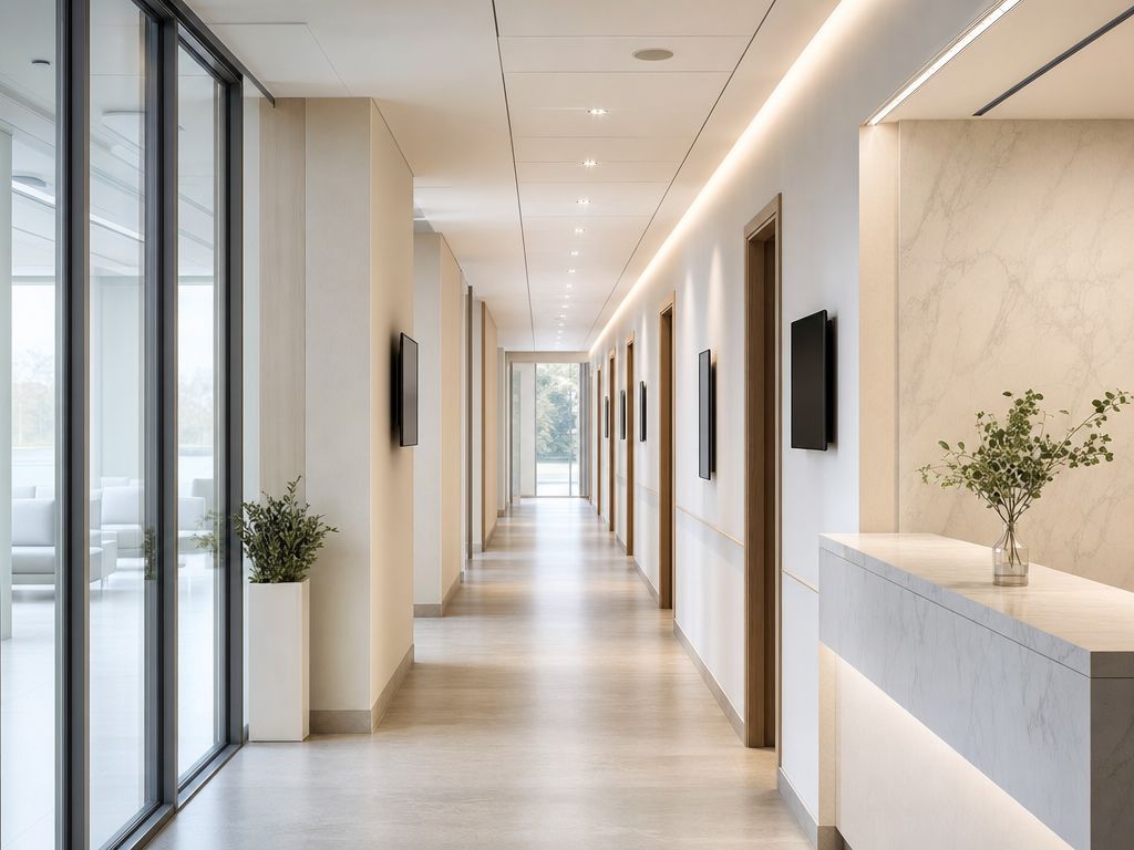 Leerer, neuer Klinikflur mit dunklen Displays, ohne Beschilderung.