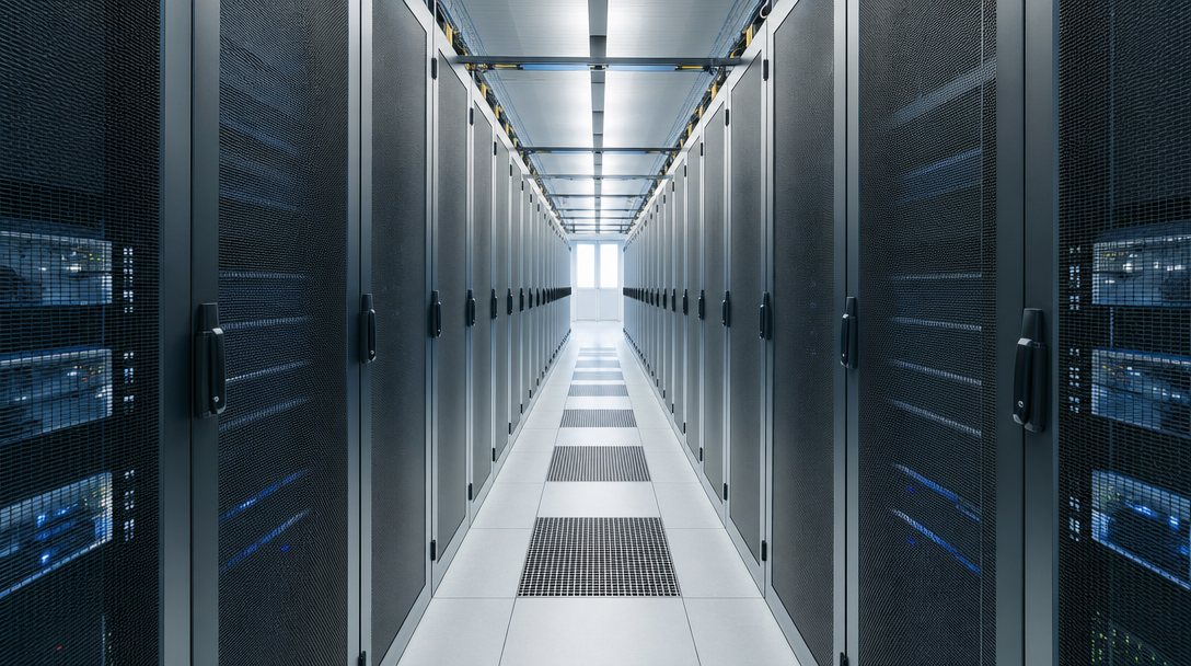 Symmetrische Gasse in einem modernen Rechenzentrum mit geschlossenen Serverschränken.