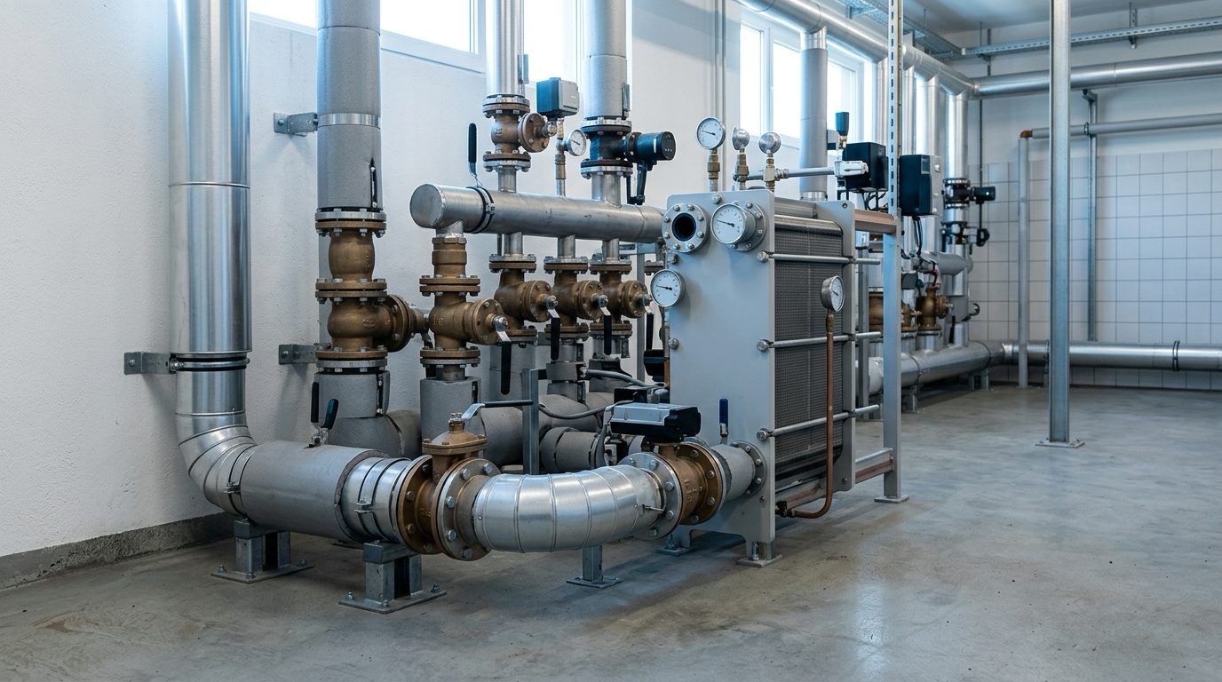 Wärmeübergabestation und isolierte Rohrverteiler in einem industriellen Technikraum.