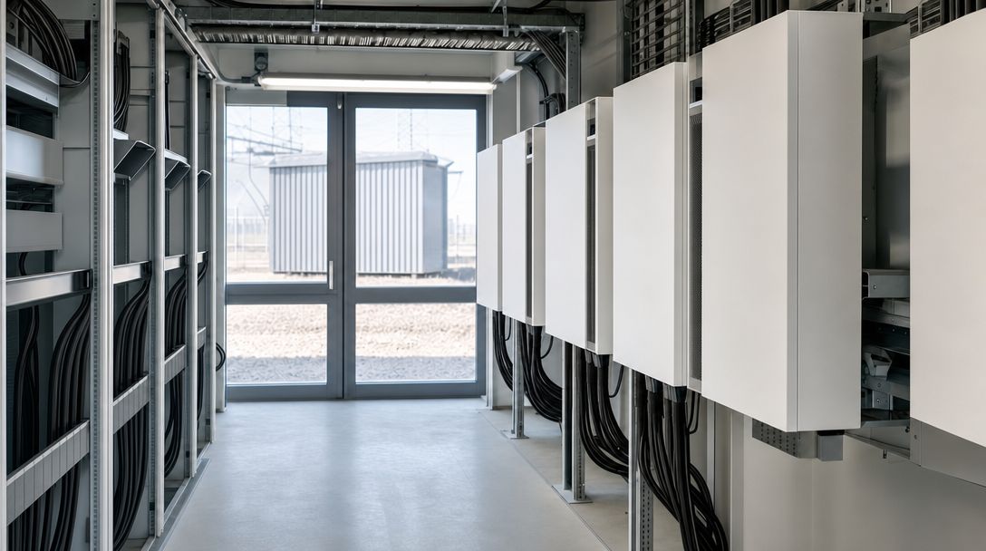 Wechselrichterschränke und Netzhardware in einem leeren Technikraum.