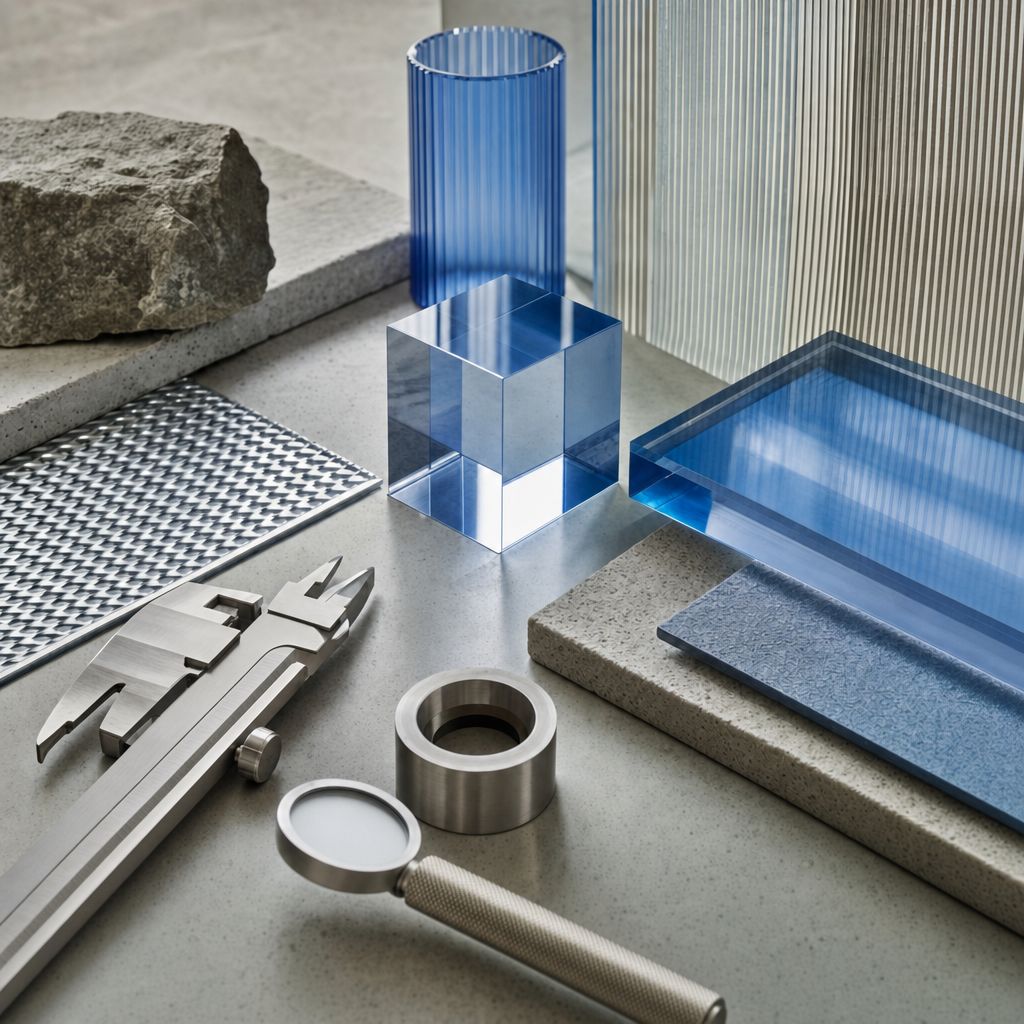 Arrangement aus Messinstrumenten, Materialproben und blauen Formen.