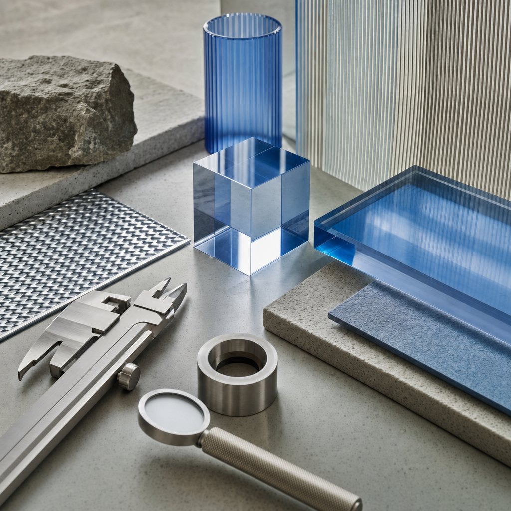 Arrangement aus Messinstrumenten, Materialproben und blauen Formen.