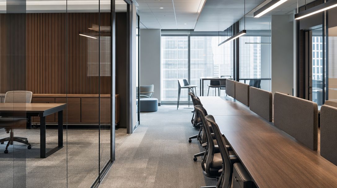Leeres Büro mit modularen Schreibtischen und Akustikflächen, Bildschirme aus.