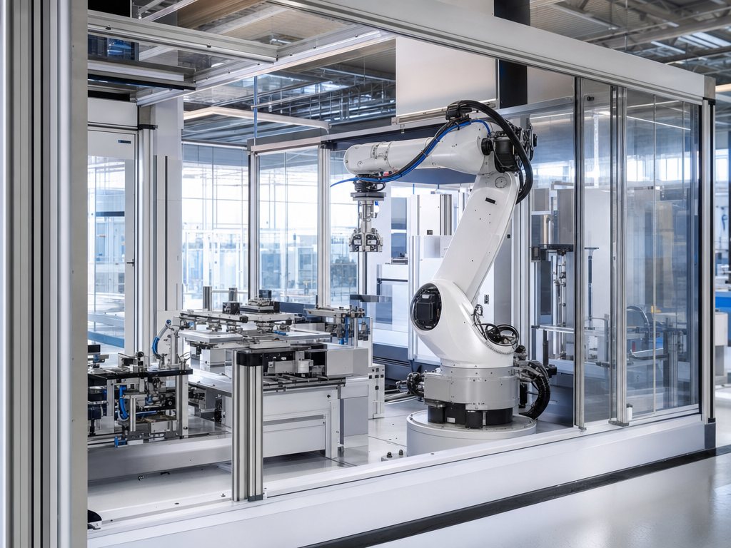 Unbenutzte Fertigungszelle mit Roboterarm in einer Industriehalle.
