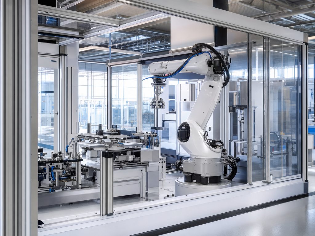 Ruhende Fertigungszelle mit Roboterarm in einer Schutzeinhausung.