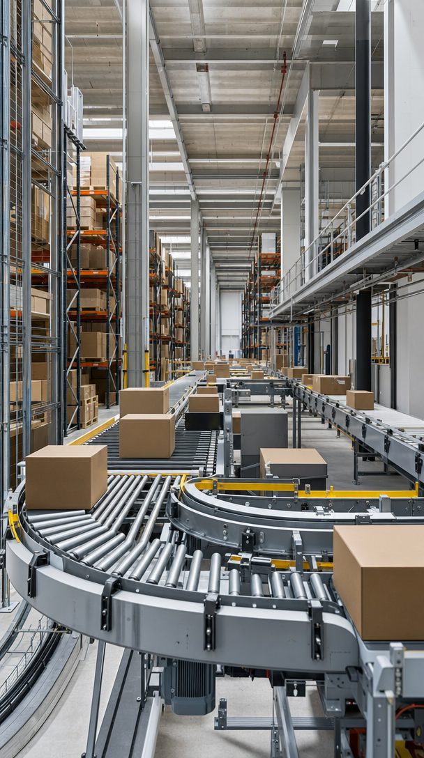Hochformat: leere Logistikgasse mit automatischem Fördersystem.